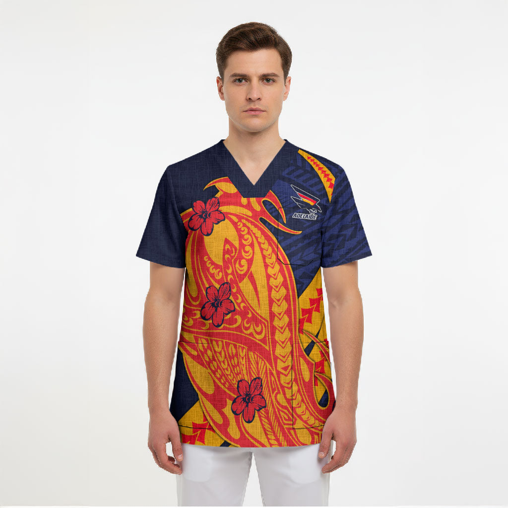 Personalized Adelaide Crows Scrub Top Polynesian Tribal Crow Mascot With Hibiscus Floral Art