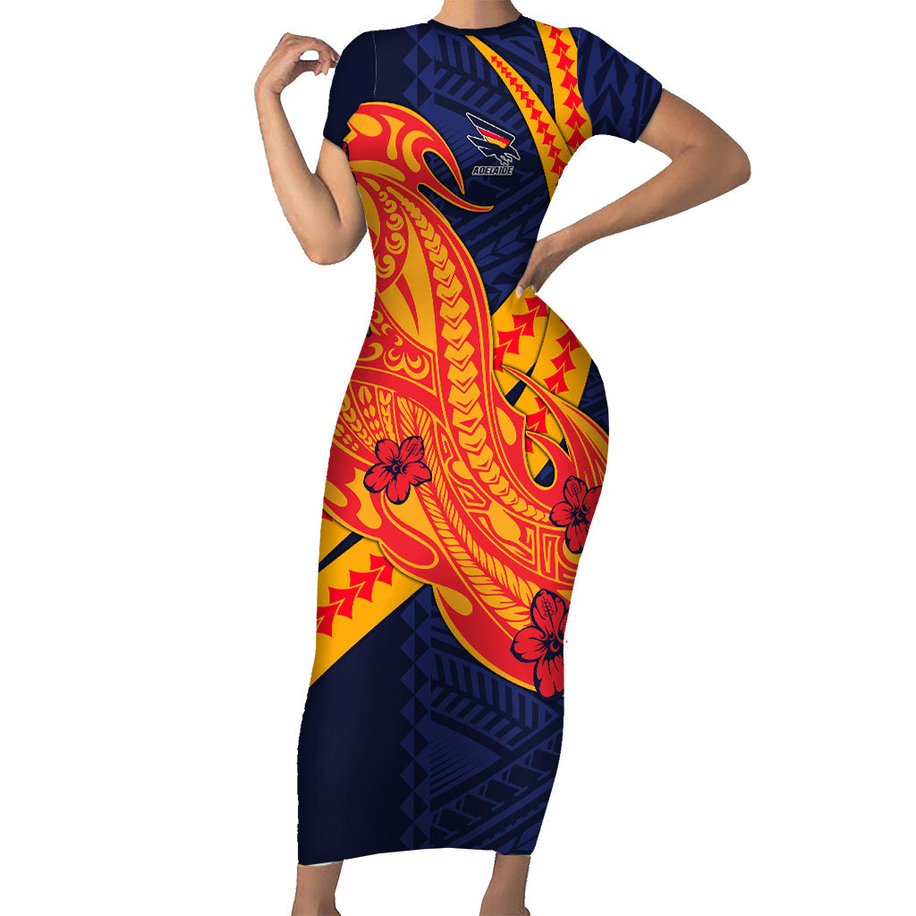 Personalized Adelaide Crows Short Sleeve Bodycon Dress Polynesian Tribal Crow Mascot With Hibiscus Floral Art