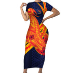 Personalized Adelaide Crows Short Sleeve Bodycon Dress Polynesian Tribal Crow Mascot With Hibiscus Floral Art
