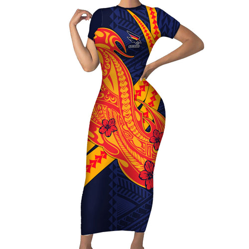 Personalized Adelaide Crows Short Sleeve Bodycon Dress Polynesian Tribal Crow Mascot With Hibiscus Floral Art