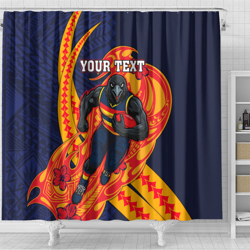 Personalized Adelaide Crows Shower Curtain Polynesian Tribal Crow Mascot With Hibiscus Floral Art