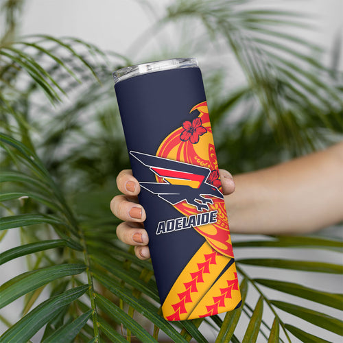 Personalized Adelaide Crows Skinny Tumbler Polynesian Tribal Crow Mascot With Hibiscus Floral Art