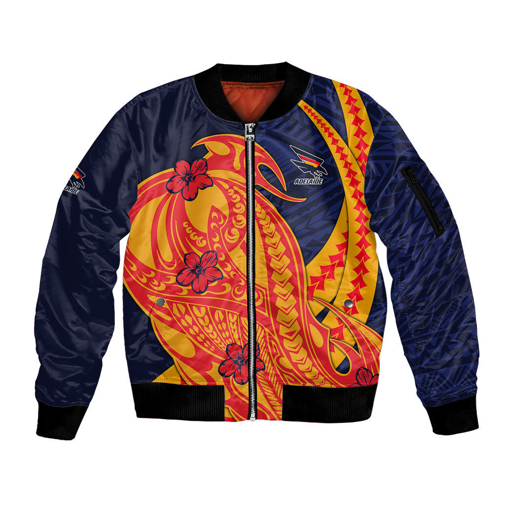 Personalized Adelaide Crows Sleeve Zip Bomber Jacket Polynesian Tribal Crow Mascot With Hibiscus Floral Art