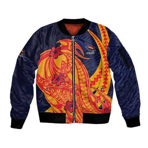 Personalized Adelaide Crows Sleeve Zip Bomber Jacket Polynesian Tribal Crow Mascot With Hibiscus Floral Art