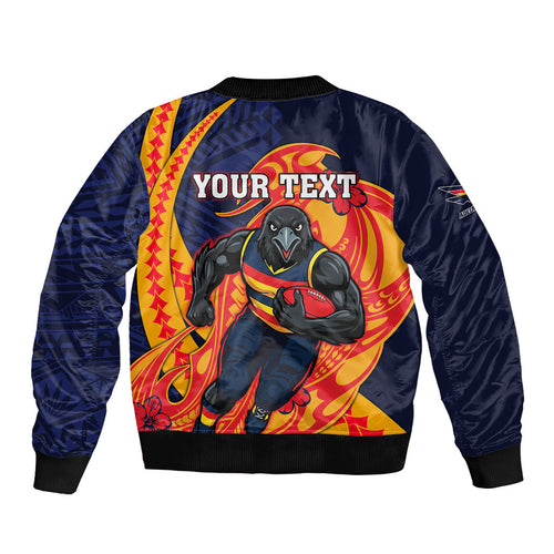 Personalized Adelaide Crows Sleeve Zip Bomber Jacket Polynesian Tribal Crow Mascot With Hibiscus Floral Art