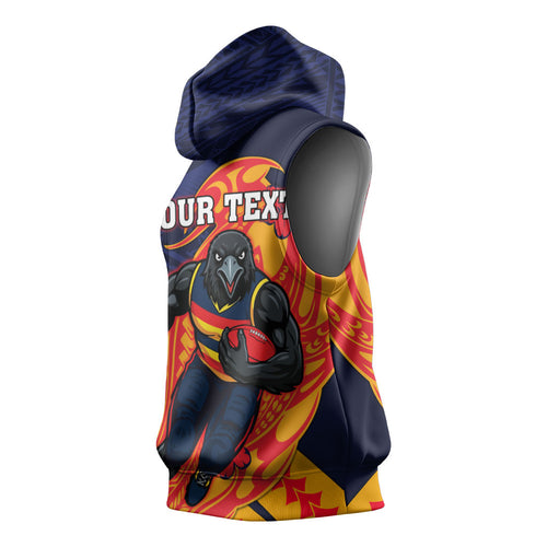 Personalized Adelaide Crows Sleeveless Hoodie Polynesian Tribal Crow Mascot With Hibiscus Floral Art
