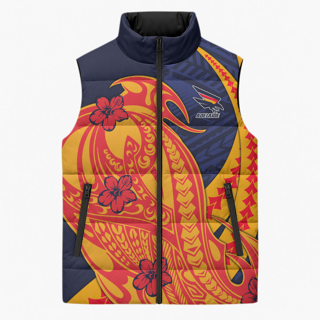 Personalized Adelaide Crows Sleeveless Puffer Jacket Polynesian Tribal Crow Mascot With Hibiscus Floral Art