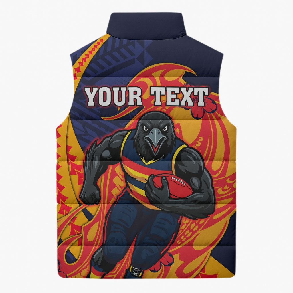 Personalized Adelaide Crows Sleeveless Puffer Jacket Polynesian Tribal Crow Mascot With Hibiscus Floral Art
