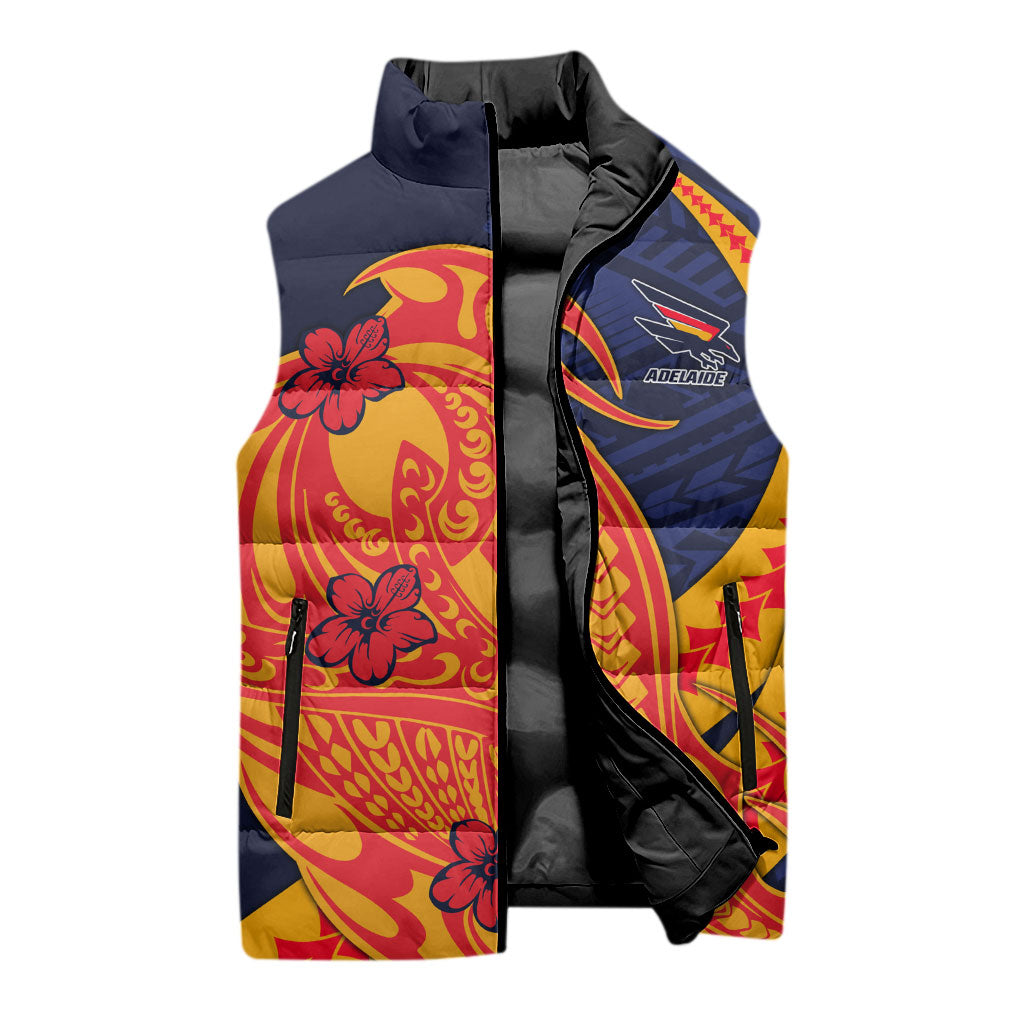 Personalized Adelaide Crows Sleeveless Puffer Jacket Polynesian Tribal Crow Mascot With Hibiscus Floral Art