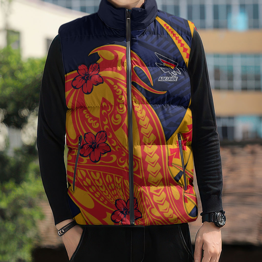 Personalized Adelaide Crows Sleeveless Puffer Jacket Polynesian Tribal Crow Mascot With Hibiscus Floral Art