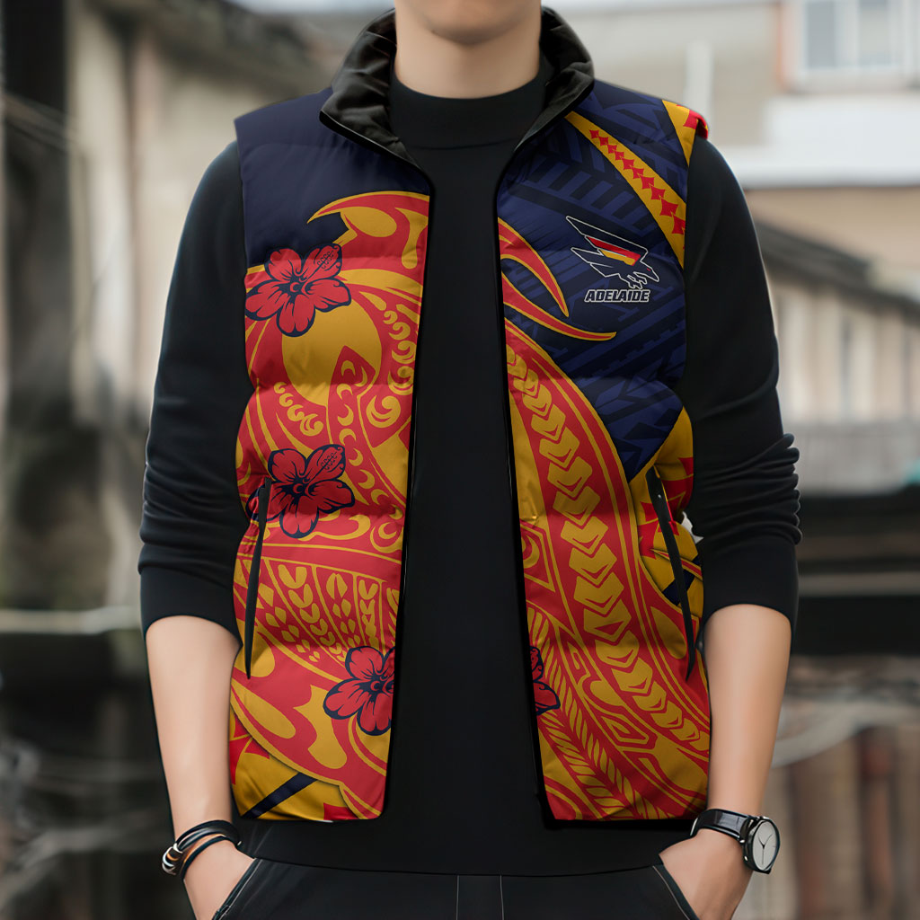 Personalized Adelaide Crows Sleeveless Puffer Jacket Polynesian Tribal Crow Mascot With Hibiscus Floral Art