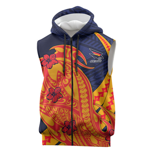 Personalized Adelaide Crows Sleeveless Zip Hoodie Polynesian Tribal Crow Mascot With Hibiscus Floral Art
