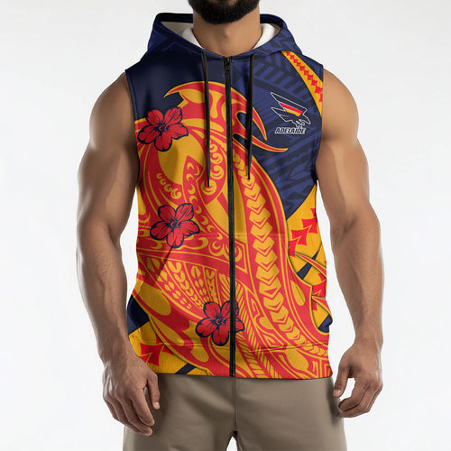 Personalized Adelaide Crows Sleeveless Zip Hoodie Polynesian Tribal Crow Mascot With Hibiscus Floral Art