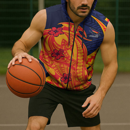 Personalized Adelaide Crows Sleeveless Zip Hoodie Polynesian Tribal Crow Mascot With Hibiscus Floral Art