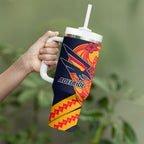 Personalized Adelaide Crows Tumbler With Handle Polynesian Tribal Crow Mascot With Hibiscus Floral Art
