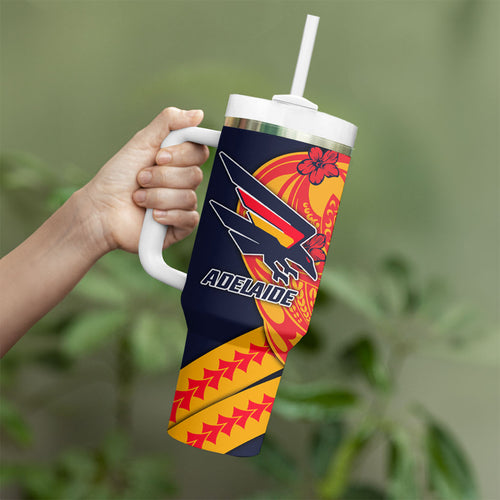 Personalized Adelaide Crows Tumbler With Handle Polynesian Tribal Crow Mascot With Hibiscus Floral Art