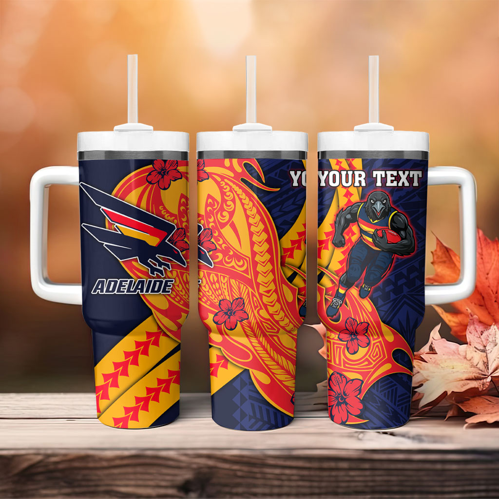 Personalized Adelaide Crows Tumbler With Handle Polynesian Tribal Crow Mascot With Hibiscus Floral Art