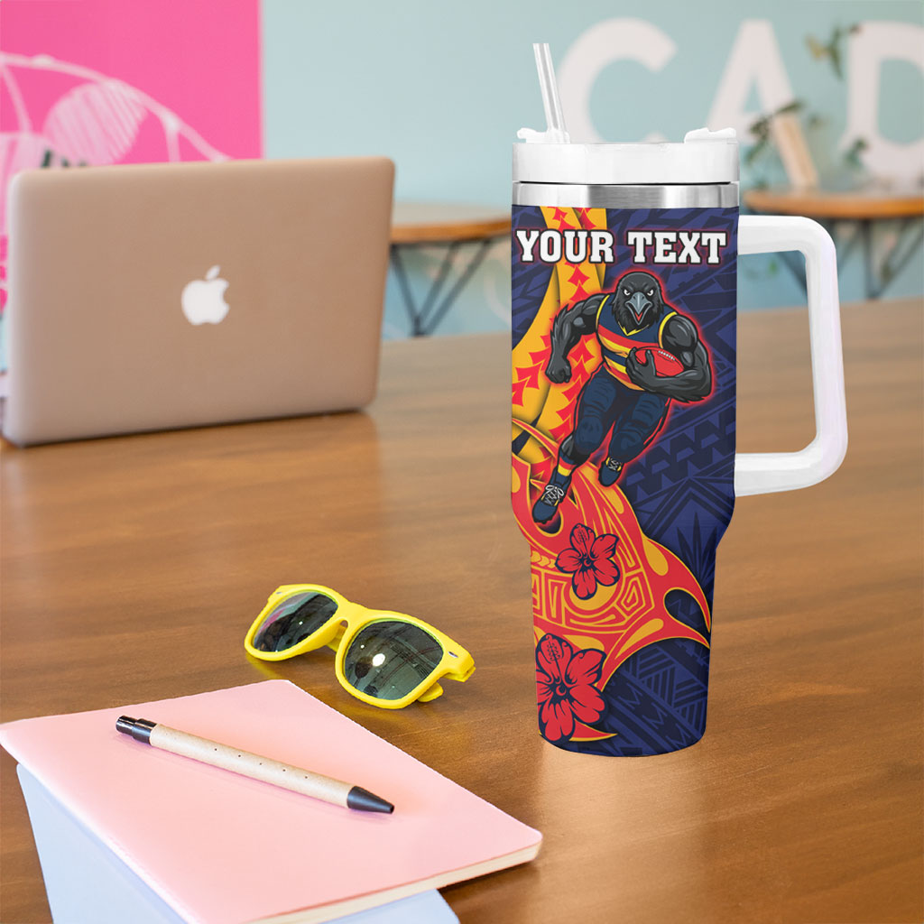 Personalized Adelaide Crows Tumbler With Handle Polynesian Tribal Crow Mascot With Hibiscus Floral Art