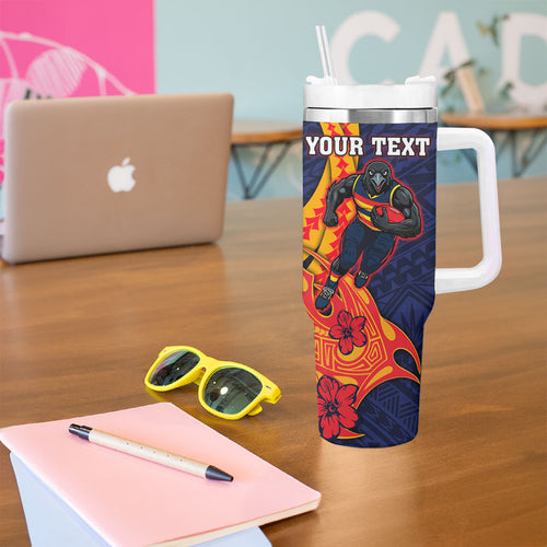Personalized Adelaide Crows Tumbler With Handle Polynesian Tribal Crow Mascot With Hibiscus Floral Art