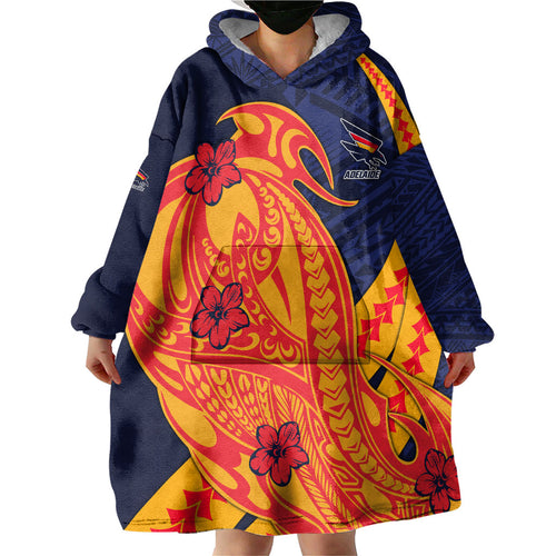 Personalized Adelaide Crows Wearable Blanket Hoodie Polynesian Tribal Crow Mascot With Hibiscus Floral Art