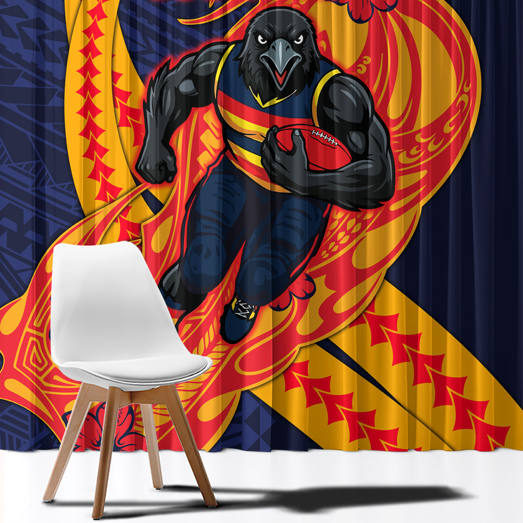 Personalized Adelaide Crows Window Curtain Polynesian Tribal Crow Mascot With Hibiscus Floral Art