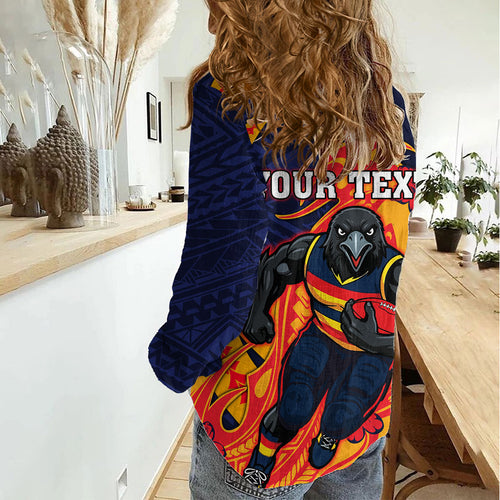 Personalized Adelaide Crows Women Casual Shirt Polynesian Tribal Crow Mascot With Hibiscus Floral Art