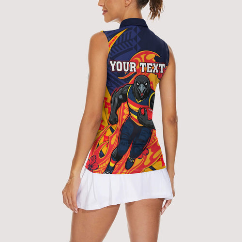 Personalized Adelaide Crows Women Sleeveless Polo Shirt Polynesian Tribal Crow Mascot With Hibiscus Floral Art