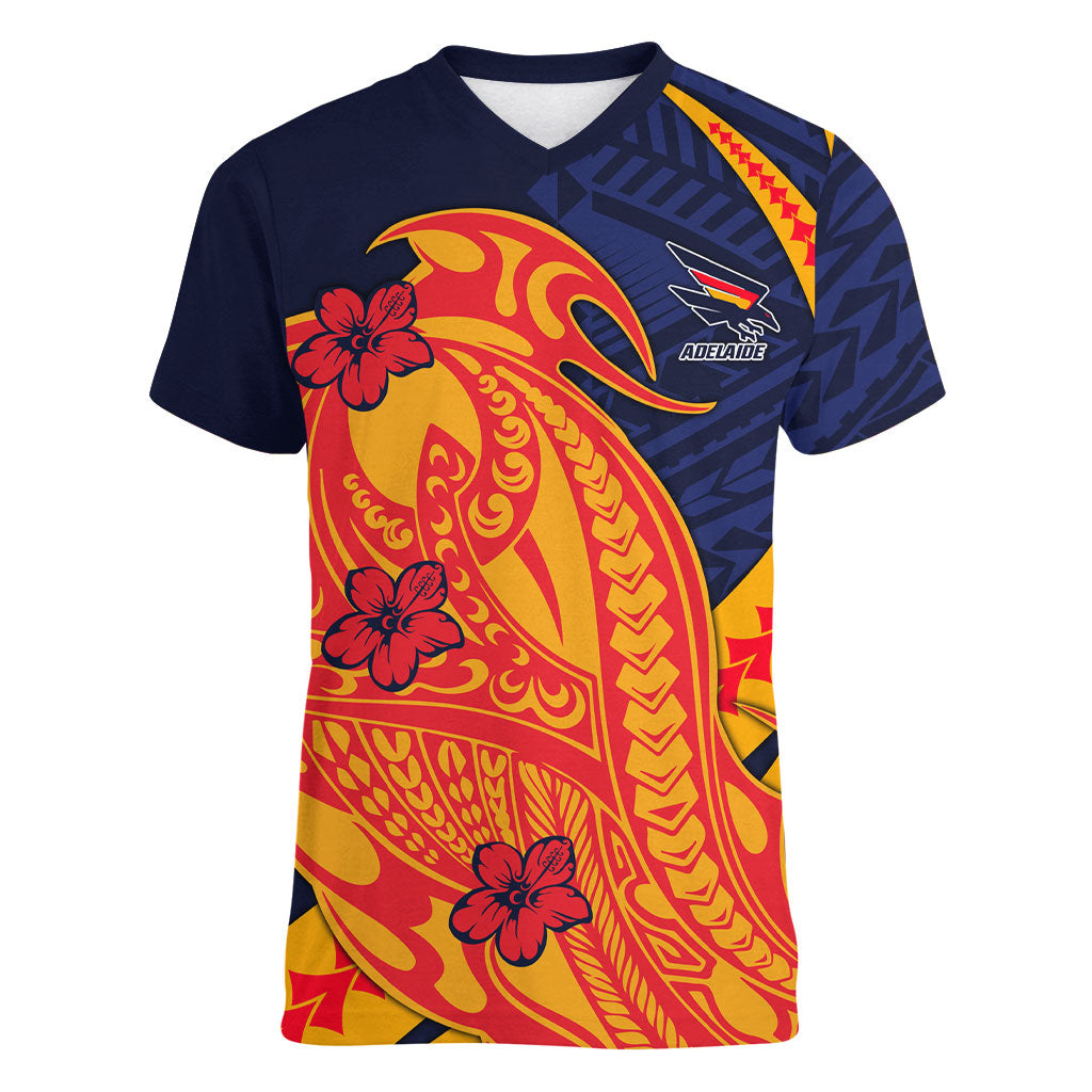 Personalized Adelaide Crows Women V-Neck T-Shirt Polynesian Tribal Crow Mascot With Hibiscus Floral Art