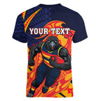 Personalized Adelaide Crows Women V-Neck T-Shirt Polynesian Tribal Crow Mascot With Hibiscus Floral Art