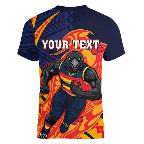 Personalized Adelaide Crows Women V-Neck T-Shirt Polynesian Tribal Crow Mascot With Hibiscus Floral Art