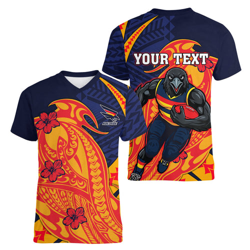 Personalized Adelaide Crows Women V-Neck T-Shirt Polynesian Tribal Crow Mascot With Hibiscus Floral Art