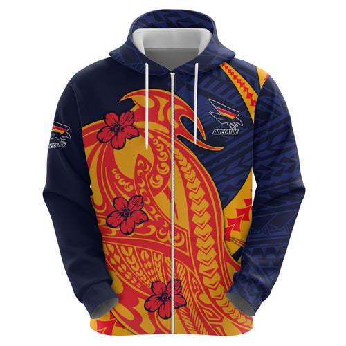 Personalized Adelaide Crows Zip Hoodie Polynesian Tribal Crow Mascot With Hibiscus Floral Art