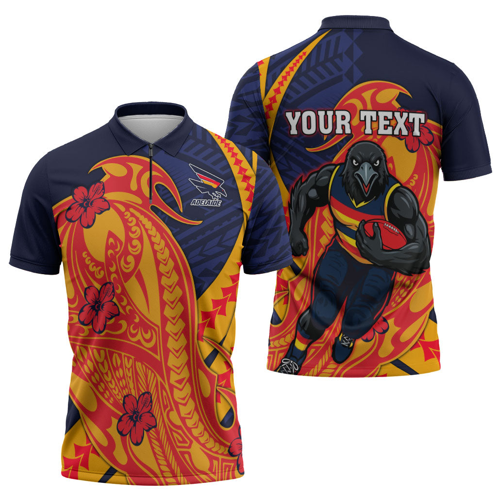 Personalized Adelaide Crows Zipper Polo Shirt Polynesian Tribal Crow Mascot With Hibiscus Floral Art