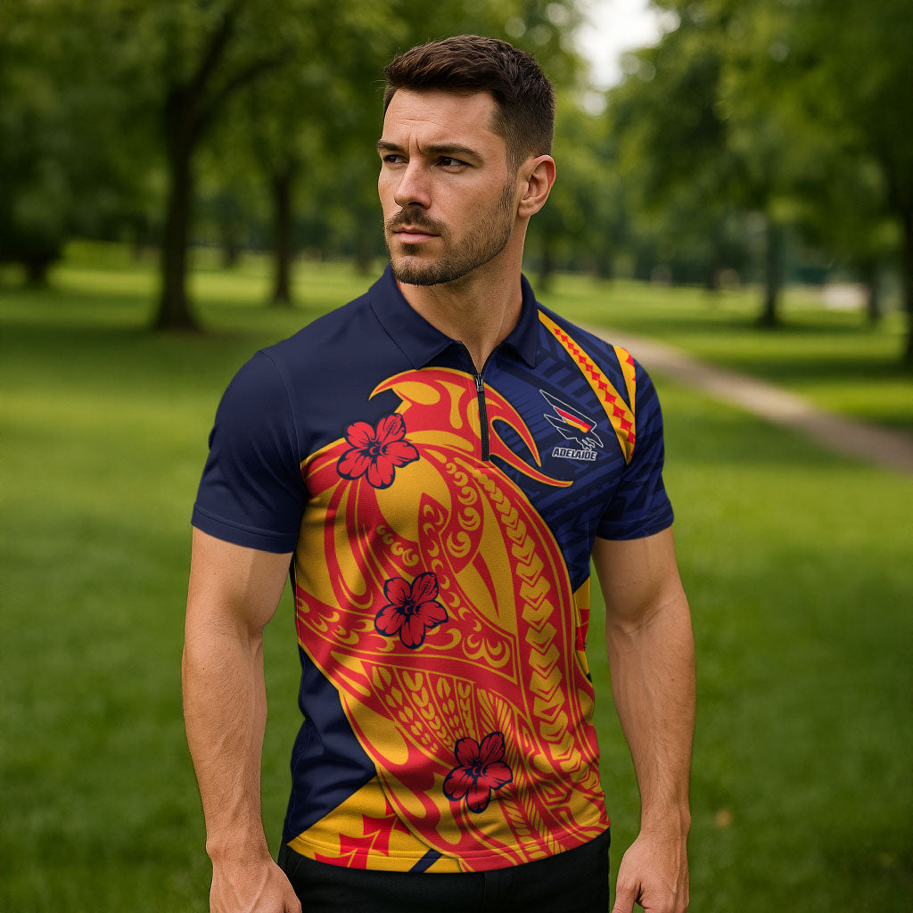 Personalized Adelaide Crows Zipper Polo Shirt Polynesian Tribal Crow Mascot With Hibiscus Floral Art