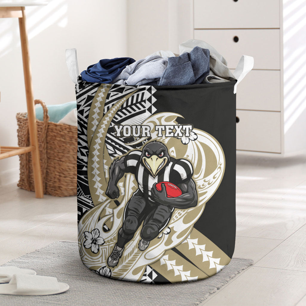 Personalized Collingwood Magpies Laundry Basket Polynesian Tribal Magpie Mascot With Hibiscus Floral Art