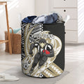 Personalized Collingwood Magpies Laundry Basket Polynesian Tribal Magpie Mascot With Hibiscus Floral Art
