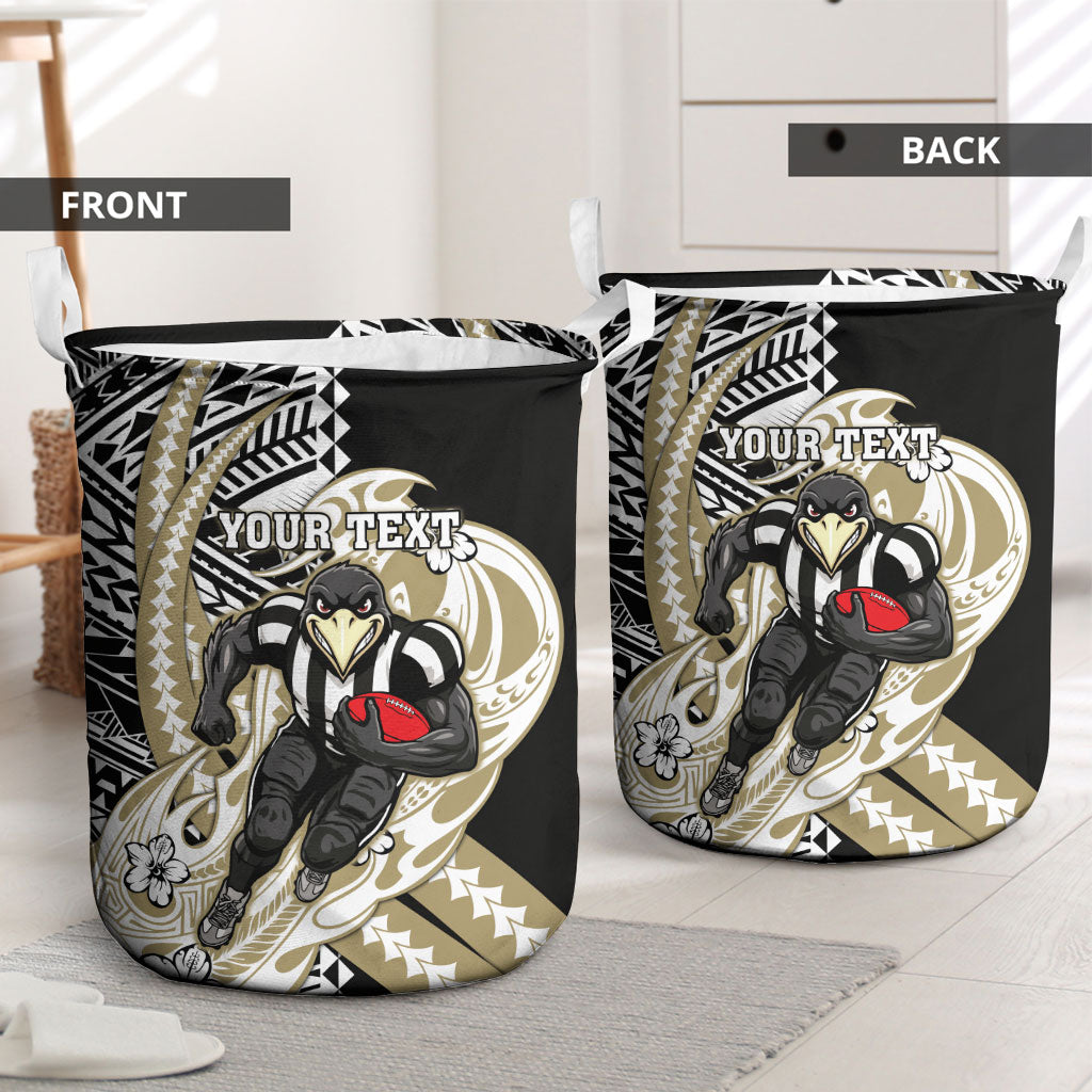 Personalized Collingwood Magpies Laundry Basket Polynesian Tribal Magpie Mascot With Hibiscus Floral Art