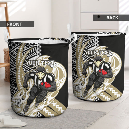 Personalized Collingwood Magpies Laundry Basket Polynesian Tribal Magpie Mascot With Hibiscus Floral Art