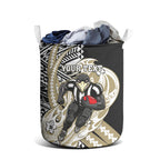 Personalized Collingwood Magpies Laundry Basket Polynesian Tribal Magpie Mascot With Hibiscus Floral Art