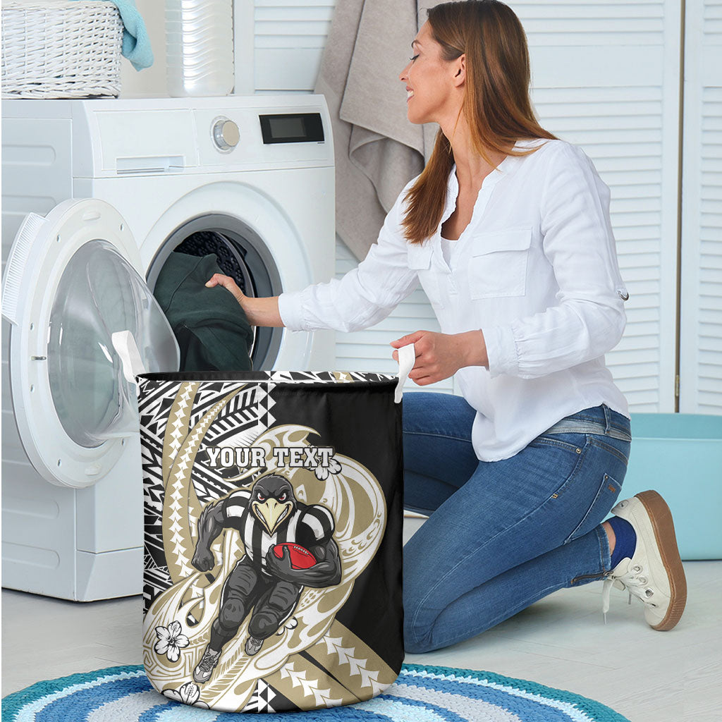 Personalized Collingwood Magpies Laundry Basket Polynesian Tribal Magpie Mascot With Hibiscus Floral Art