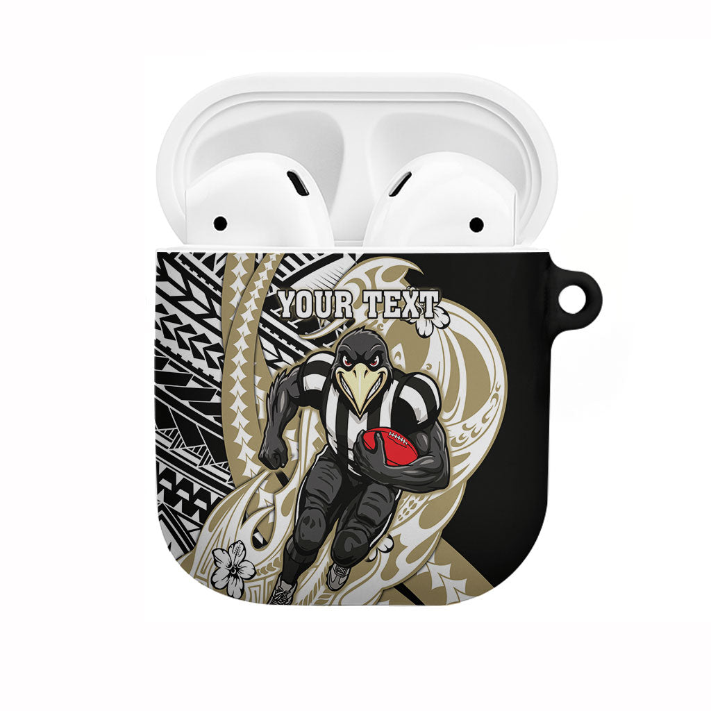 Personalized Collingwood Magpies AirPods Case Polynesian Tribal Magpie Mascot With Hibiscus Floral Art