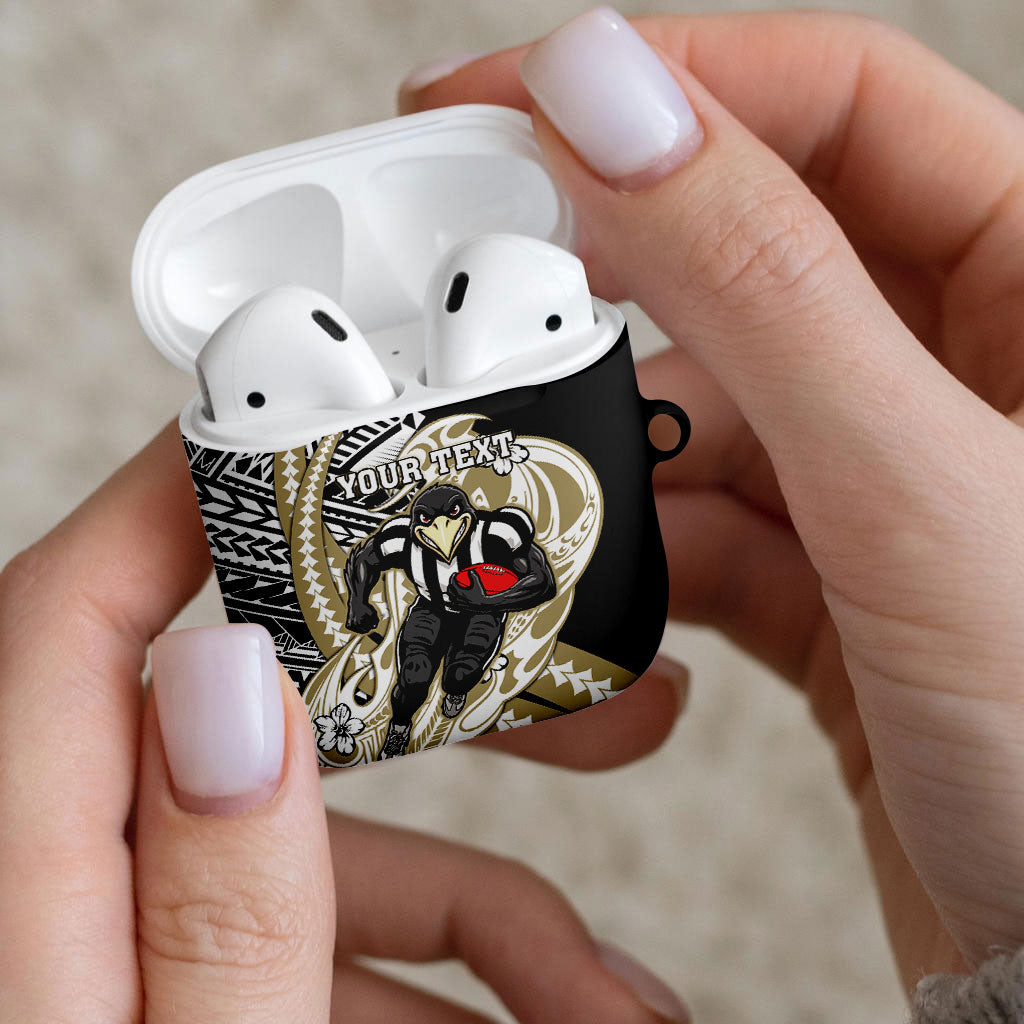 Personalized Collingwood Magpies AirPods Case Polynesian Tribal Magpie Mascot With Hibiscus Floral Art