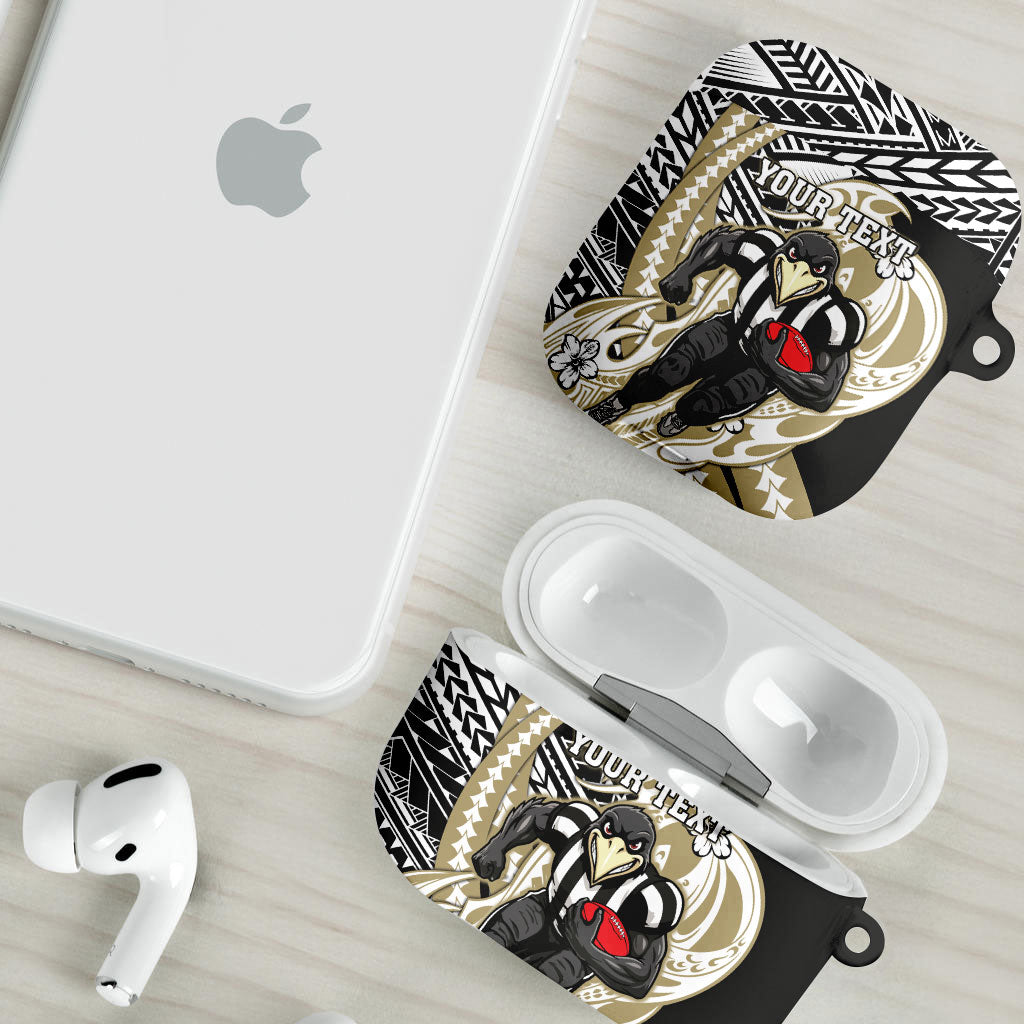Personalized Collingwood Magpies AirPods Case Polynesian Tribal Magpie Mascot With Hibiscus Floral Art