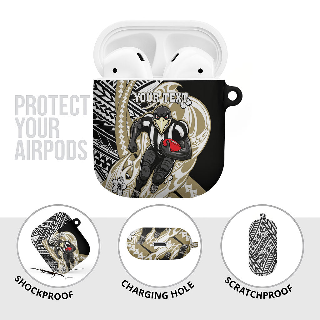 Personalized Collingwood Magpies AirPods Case Polynesian Tribal Magpie Mascot With Hibiscus Floral Art