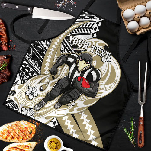 Personalized Collingwood Magpies Apron Polynesian Tribal Magpie Mascot With Hibiscus Floral Art