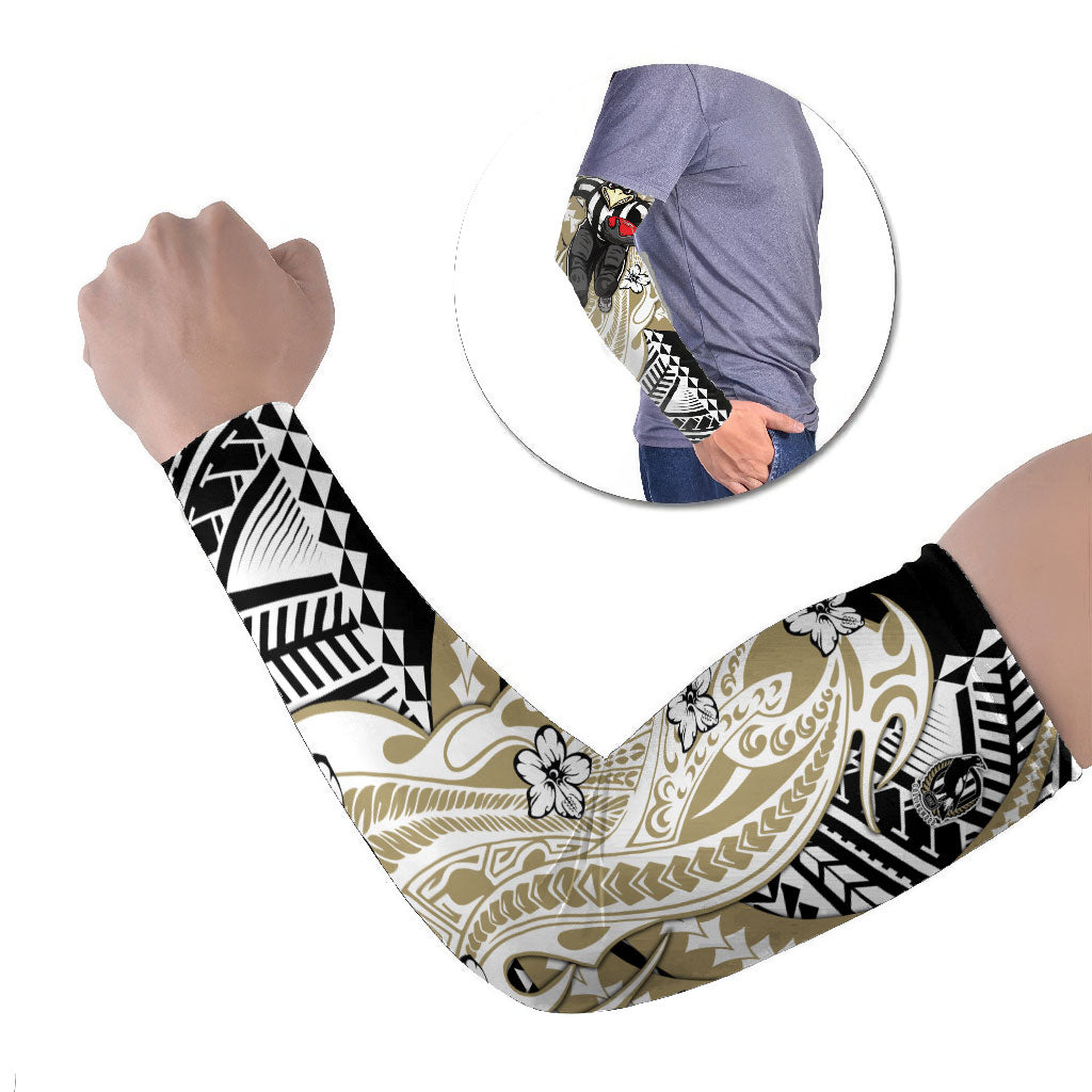 Personalized Collingwood Magpies Arm Sleeves Polynesian Tribal Magpie Mascot With Hibiscus Floral Art