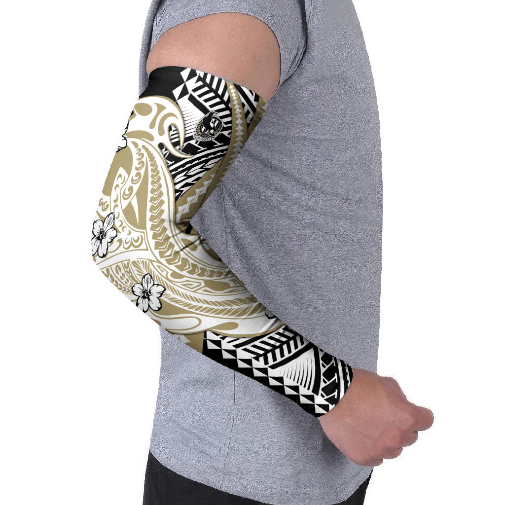 Personalized Collingwood Magpies Arm Sleeves Polynesian Tribal Magpie Mascot With Hibiscus Floral Art