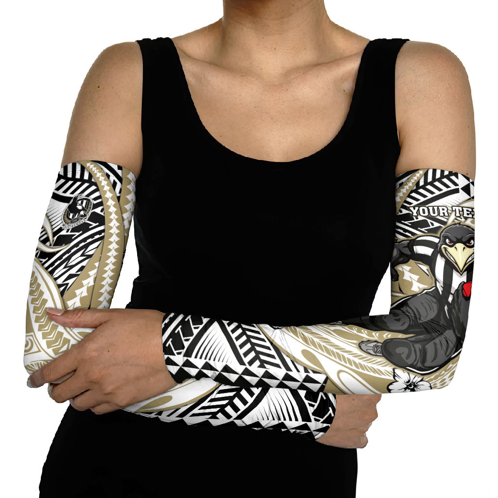 Personalized Collingwood Magpies Arm Sleeves Polynesian Tribal Magpie Mascot With Hibiscus Floral Art