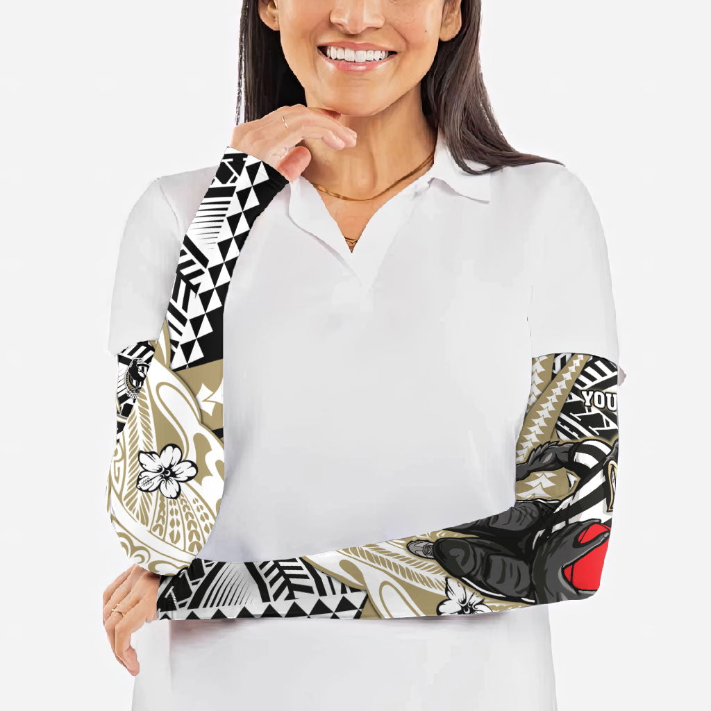 Personalized Collingwood Magpies Arm Sleeves Polynesian Tribal Magpie Mascot With Hibiscus Floral Art
