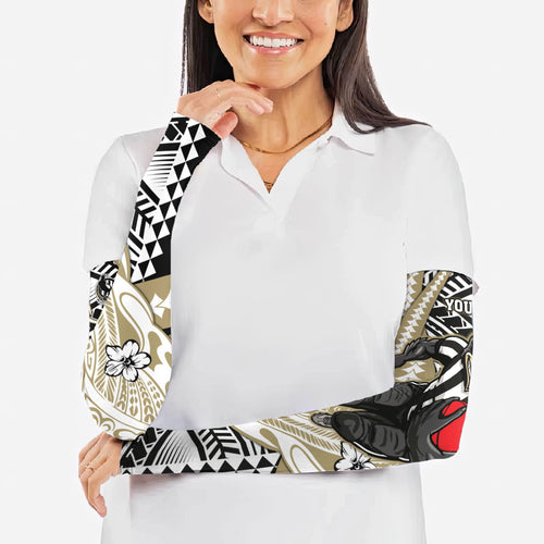 Personalized Collingwood Magpies Arm Sleeves Polynesian Tribal Magpie Mascot With Hibiscus Floral Art